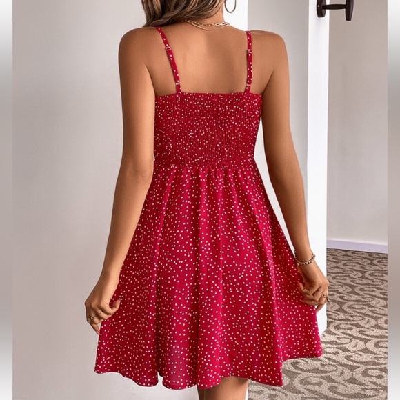 Boho Polka Dot Smocked Waist Cami Top Dress Red - Picture 2 of 15